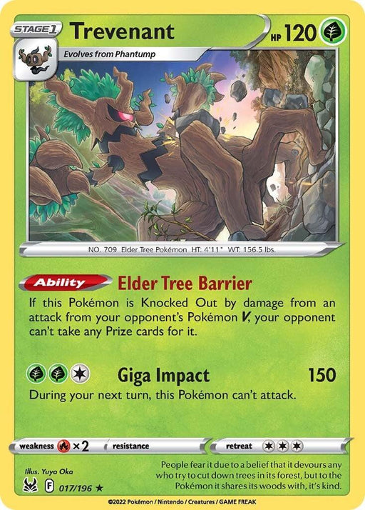 The image is of a Pokémon trading card for Trevenant (017/196) [Sword & Shield: Lost Origin] from the Pokémon set. It displays Trevenant, a tree-like creature, against a green background. This Holo Rare card includes 120 HP, the Elder Tree Barrier ability, and the Giga Impact attack with 150 damage. The card number is 017/196.