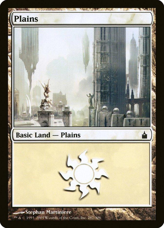 The picture depicts the Magic: The Gathering card "Plains" (287) from the Ravnica: City of Guilds set. It shows a mystical landscape with towering structures and floating architecture beneath a bright sky. The card has black borders, and the white mana symbol appears at the bottom. Artwork by Stephan Martiniere.