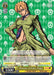 A trading card featuring Fugo from JoJo's Bizarre Adventure: Golden Wind. He has blonde hair and wears a green outfit with spike-like cutouts. The promo card contains stats like level 1 and cost 1, with 5500 power. The background is green with white patterns, and text captions are present near the bottom. This product is the Pioneer of Fate, Fugo (JJ/S66-E103 PR) [JoJo's Bizarre Adventure: Golden Wind] by Bushiroad.
