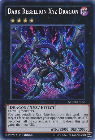 A Yu-Gi-Oh! trading card titled "Dark Rebellion Xyz Dragon [NECH-EN053] Secret Rare" from The New Challengers set. This Secret Rare Xyz/Effect Monster features a dragon with dark metallic armor, purple wings, and blue accents. It boasts 2500 ATK and 2000 DEF, requires 2 Level 4 monsters, and has an ID of NECH-EN053.