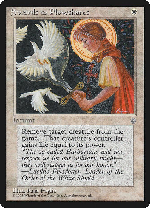 A Magic: The Gathering card titled "Swords to Plowshares [Ice Age]" from Magic: The Gathering. This uncommon card features artwork of a haloed figure in a red cloak, wielding a sword that transforms into farming tools, with white doves in flight. The white-bordered card exiles target creature and includes text by artist Lucilde Fiksdotter.