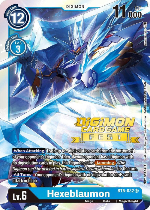 An illustration of a Digimon Promo card named "Hexeblaumon [BT5-032] (Digimon Card Game Fest 2022) [Battle of Omni Promos]" from the Digimon series. This Lv. 6, blue-colored Magic Knight boasts 11,000 DP and ice-themed effects. With a play cost of 12 and a Digivolution cost of 3, the text details its game-changing abilities.