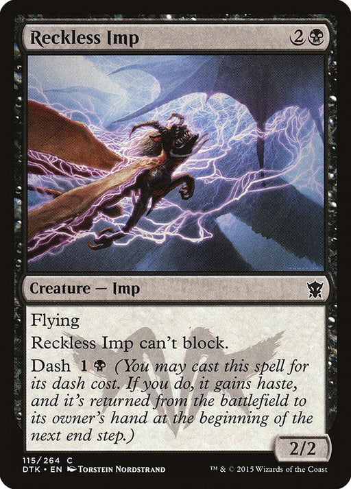 Reckless Imp [Dragons of Tarkir]" is a black creature card from Magic: The Gathering. Costing 2 generic mana and 1 black mana, this Imp has Flying but cannot block. With a Dash cost of 1 generic mana and 1 black mana, it boasts a power and toughness of 2/2. Artwork by Torstein Nordstrand.
