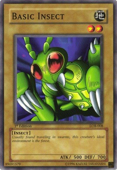 A Yu-Gi-Oh! trading card featuring a Basic Insect [LOB-008] Common, a common Normal Monster from The Legend of Blue Eyes White Dragon set, depicts a green, cartoonish insect with large red eyes, segmented body, and claw-like legs. The card has a brown border and includes Attack (500) and Defense (700) stats, plus text about its habitat.