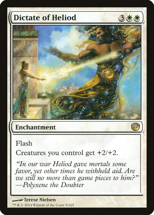 A Magic: The Gathering product titled "Dictate of Heliod [Journey into Nyx]" displays artwork of a powerful figure in ornate clothing raising a glowing hand towards a kneeling figure. This rare Enchantment has a mana cost of 3 white and 2 generic, grants creatures under player control +2/+2, and has flash.