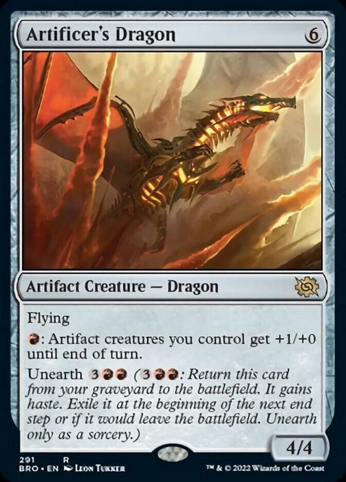 A Magic: The Gathering card titled "Artificer's Dragon [The Brothers' War]," this rare artifact creature-dragon boasts a casting cost of 6. Showcasing dragon artwork in a dynamic pose, it has flying and can give artifact creatures +1/+0 until end of turn. Unearth for 3 red and 3 colorless mana. Power/toughness: 4/4.