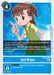 Digital trading card "Jeri Kato [EX2-058] [Digital Hazard]" by Digimon, featuring Tamer Jeri Kato. The card depicts a young girl wearing a green dress over a white shirt, her brown hair tied in a high ponytail. She stands confidently with one hand on her hip and a smile on her face. The card includes details about her abilities with Leomon in the game, along with gameplay instructions at the bottom.