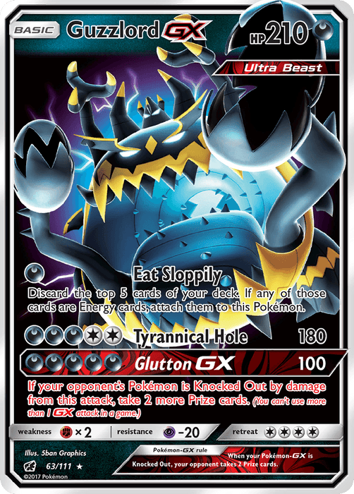 A Pokémon trading card depicts Guzzlord GX (63/111) [Sun & Moon: Crimson Invasion], an Ultra Beast from the Crimson Invasion series with 210 HP. It has three moves: Eat Sloppily, Tyrannical Hole, and Glutton GX. The card features dark, menacing artwork with a dragon-like creature and includes various game details such as resistance, weakness, and illustrator credits.