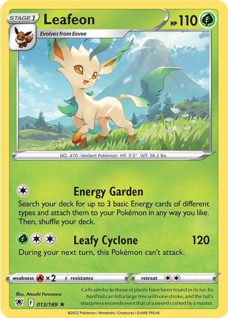 The Leafeon (013/189) card from the Pokémon Sword & Shield: Astral Radiance set depicts a fox-like creature with leaf-shaped ears and tail playfully frolicking in a grassy field. With 110 HP, it features abilities such as Energy Garden and Leafy Cyclone. The green and yellow background highlights its evolutionary traits from Sword & Shield.