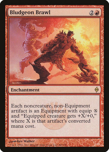 The image shows the Magic: The Gathering card "Bludgeon Brawl [New Phyrexia]," a rare gem from New Phyrexia. It depicts an intense scene of two armored figures battling amidst flames. The card is red with a casting cost of 2 colorless and 1 red mana, with enchantment text explaining it turns artifacts into equipment. Art by Kev Walker.