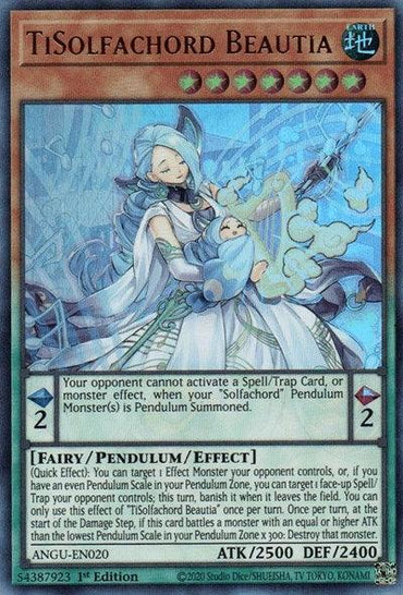 An image of the Yu-Gi-Oh! trading card "TiSolfachord Beautia (Ultra Rare) [ANGU-EN020] Ultra Rare." This Pendulum/Effect Monster features a magical female character in a light blue outfit, wielding a long staff. She is surrounded by musical notes and ethereal lights. Part of the Ancient Guardians, it has 2500 ATK and 2400 DEF.