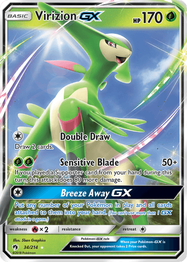 The image showcases a Virizion GX (34/214) [Sun & Moon: Lost Thunder] trading card from the Pokémon series. With HP 170, it features green and white coloring. Its abilities include Double Draw, Sensitive Blade, and Breeze Away GX. The Grass Type card is number 34/214 and illustrated by 5ban Graphics.