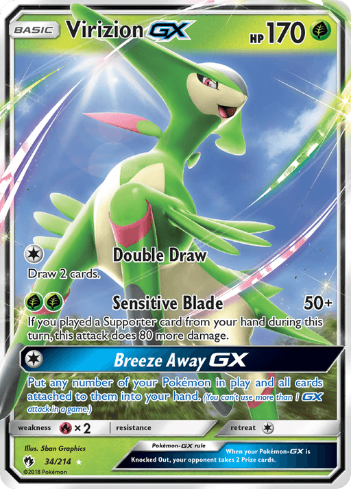 The image showcases a Virizion GX (34/214) [Sun & Moon: Lost Thunder] trading card from the Pokémon series. With HP 170, it features green and white coloring. Its abilities include Double Draw, Sensitive Blade, and Breeze Away GX. The Grass Type card is number 34/214 and illustrated by 5ban Graphics.