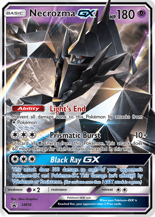 A **Pokémon** trading card of **Necrozma GX (SM58) [Sun & Moon: Black Star Promos]** with 180 HP. The dark, crystalline, humanoid Psychic-type Pokémon boasts abilities like "Light's End," "Prismatic Burst," and "Black Ray GX." Detailed text explains each move, with damage values and additional effects described.