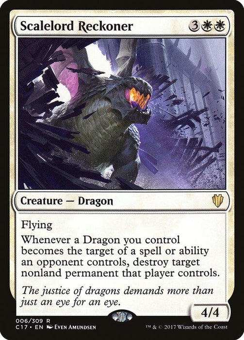A Magic: The Gathering [Scalelord Reckoner [Commander 2017]]. From the Commander 2017 set, it features a Creature — Dragon with wings spread, emerging from darkness with glowing eyes and sharp teeth. The card's white border frames its 4/4 power and toughness. It has flying ability and destructive effects when targeted.