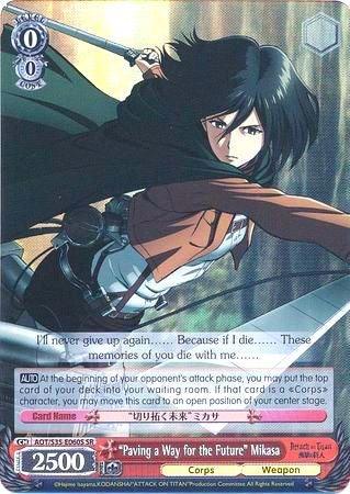 A super rare trading card, "Paving a Way for the Future" Mikasa (AOT/S35-E060S SR) [Attack on Titan] by Bushiroad, features an anime character, Mikasa, from "Attack on Titan," with the name labeled at the bottom. She stands with long hair blowing in the wind, wearing a dark jacket and a red scarf. Text reads: "If I never give up again... Because if I die... These memories of you die with me.