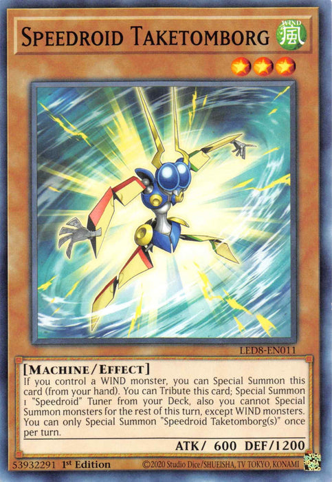A Yu-Gi-Oh! trading card titled "Speedroid Taketomborg [LED8-EN011] Common." It features an image of a mechanical, insect-like creature with blue and yellow armor, red spikes, and rotor-like appendages. The card has 600 ATK and 1200 DEF. It includes special summoning effects for WIND monsters.