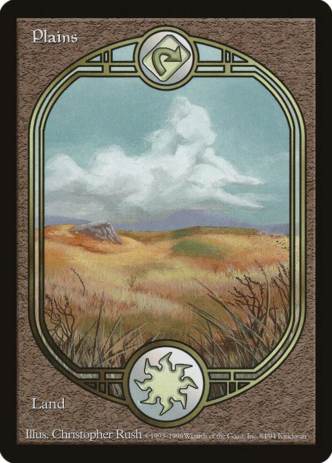 The Magic: The Gathering card titled "Plains (84) [Unglued]" features a sprawling landscape of golden fields under a sky with scattered clouds. As a Basic Land, it includes both the border and sun symbol at the bottom, enabling you to add {W} to your mana pool. The artwork is expertly crafted by Christopher Rush.