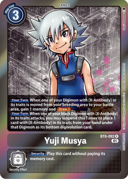 A Digimon trading card featuring Yuji Musya, a male anime character with spiky silver hair and blue eyes, wearing a sleeveless blue shirt and black gloves. Part of the New Awakening Promos set, this card details game rules like gaining memory and drawing cards when interacting with X Antibody traits. The play cost is 3.

Product Name: Yuji Musya [BT8-092] (Event Pack 4) [New Awakening Promos]
Brand Name: Digimon