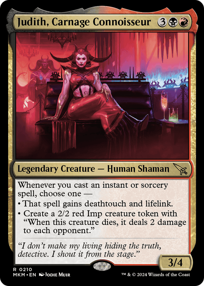 Judith, Carnage Connoisseur [Murders at Karlov Manor], a Magic: The Gathering card, features a red and black-clad woman with horns holding a mask on a lavish throne in a dark, gothic room. This legendary creature with 3/4 power and toughness is truly formidable.