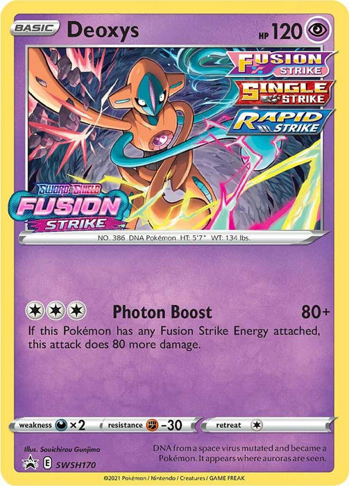 The image shows a Pokémon trading card of Deoxys (SWSH170) (Prerelease Promo) [Sword & Shield: Black Star Promos] by Pokémon. The card has a yellow border and purple background with Deoxys depicted at the center, surrounded by dynamic energy lines. It’s part of the Black Star Promos series from Sword & Shield. Top right reads “HP 120.” Bottom section includes attack details, energy requirements, and illustrator credit “SOUCHIROU GUNJI.”