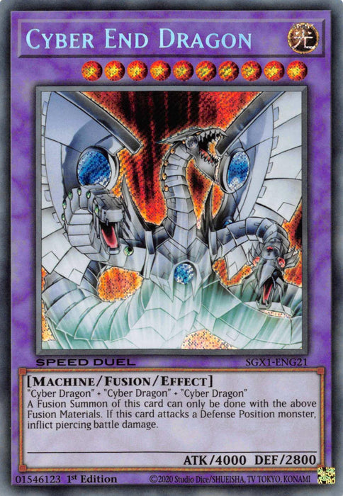 A Yu-Gi-Oh! card titled "Cyber End Dragon [SGX1-ENG21] Secret Rare." The Secret Rare card image depicts a three-headed metallic dragon with glowing blue eyes and energy orbs. This Fusion/Effect Monster is a "Machine" type with 4000 ATK and 2800 DEF, card number SGX1-ENG21, and it's 1st Edition.