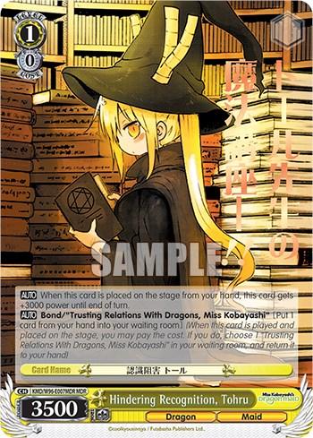 A trading card features an anime-style character, Hindering Recognition, Tohru [Miss Kobayashi's Dragon Maid], dressed as a witch holding a spellbook. She has long blonde hair, horns, and a pointed hat. Text, graphics, and a "Sample" watermark occupy the card's bottom. Descriptions and stats for the character are also present.

[Brand Name: Bushiroad]