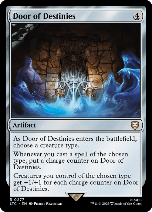 A glowing door with detailed carvings and mystical symbols, flanked by two lit torches. The Magic: The Gathering artwork graces the card text reading “Door of Destinies [The Lord of the Rings: Tales of Middle-Earth Commander].” It's an artifact card with a mana cost of 4. Abilities boost chosen creature types when spells are cast, gaining +1/+1 per charge counter. Illustrated by Pierre Rav