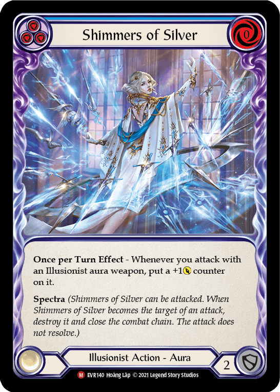 A trading card titled "Shimmers of Silver [EVR140] (Everfest) 1st Edition Rainbow Foil" from Flesh And Blood, depicting a female character casting a spell. With purple borders and an icon showing two cost crystal and two defense shields, the Rainbow Foil card highlights its use with Illusionist aura weapons.