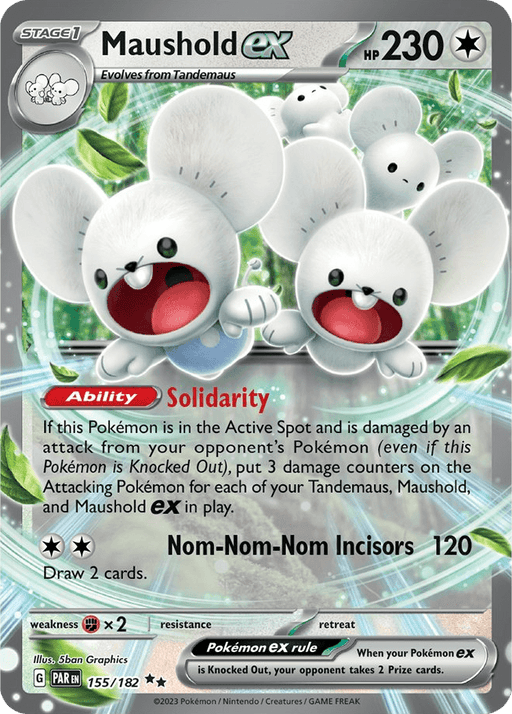 A Pokémon trading card features **Maushold ex (155/182) [Scarlet & Violet: Paradox Rift]**, a Stage 1 Colorless-type Pokémon with HP 230. The card artwork shows four small, white, mouse-like creatures surrounded by green leaves. It highlights Maushold ex’s Solidarity ability, its Nom-Nom-Nom Incisors attack, and the Paradox Rift setting for this Double Rare card.