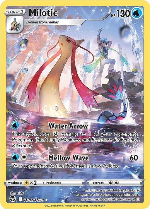A Pokémon trading card from the Sword & Shield: Silver Tempest series features Milotic (TG02/TG30), a serpent-like creature with flowing fins and antennae, depicted against a watery backdrop. This Secret Rare card details Milotic's stats: HP 130, Water Arrow attack, and Mellow Wave attack. The holographic card proudly displays the Pokémon and Nintendo logos.
