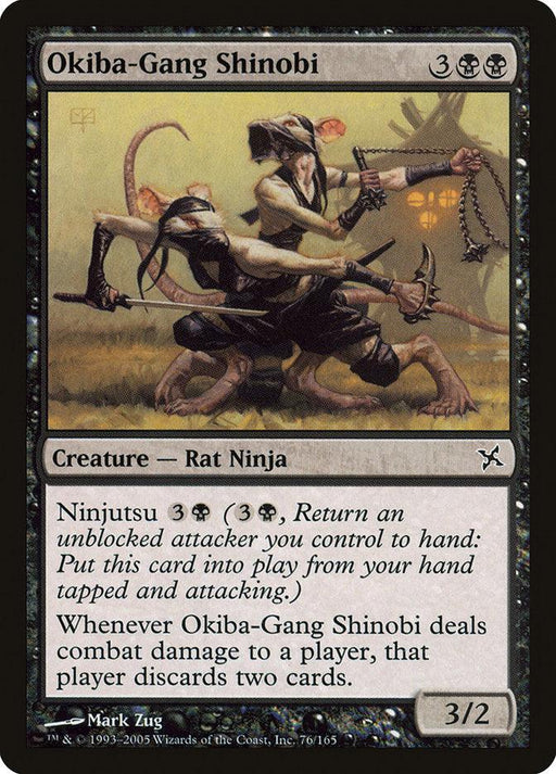 Okiba-Gang Shinobi [Betrayers of Kamigawa] is a Magic: The Gathering card. It features an illustration of two anthropomorphic Rat Ninjas wielding curved blades. The text box describes abilities including Ninjutsu and an effect triggered by combat damage. The card has a mana cost of 3BB and stats 3/2.