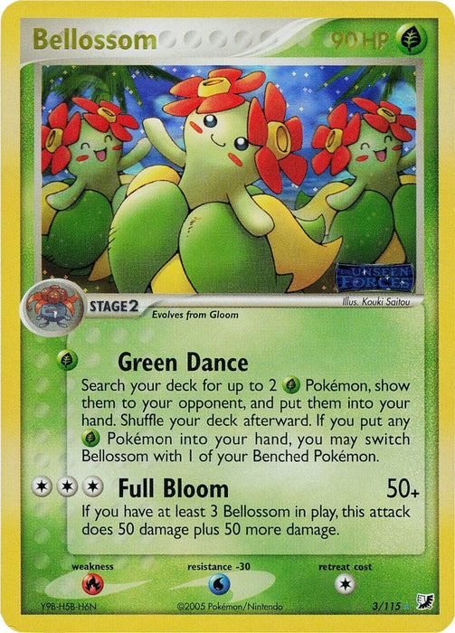 A Pokémon Bellossom (3/115) (Stamped) [EX: Unseen Forces] trading card. Bellossom is depicted as a cheerful, green Grass Pokémon with red and yellow flower petals on its head. This Holo Rare card details 90 HP, Stage 2 evolution from Gloom, Green Dance and Full Bloom moves, and artwork by Kouki Saitou.
