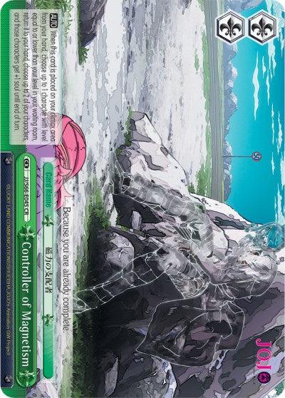 A trading card featuring a detailed illustration of a futuristic landscape with rocks, grass, and a blue sky with clouds. A partially transparent, ghost-like figure stands on the rocks, appearing to blend into the background. Dubbed "Controller of Magnetism (JJ/S66-E045 CR) [JoJo's Bizarre Adventure: Golden Wind]," this Climax Rare card from Bushiroad has text and stats displayed on the edges.
