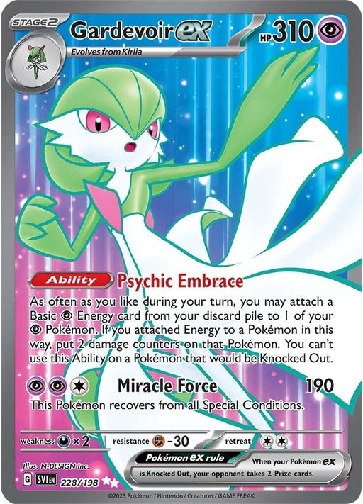 The image shows a Secret Rare Pokémon trading card for Gardevoir ex (228/198) [Scarlet & Violet: Base Set] by Pokémon, featuring a holographic design. The card is Psychic type with 310 HP and includes the "Psychic Embrace" ability and "Miracle Force" attack. Gardevoir's illustration depicts it standing gracefully, emitting a mystical aura.