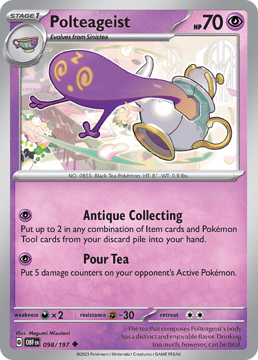 A Pokémon card for Polteageist (098/197) [Scarlet & Violet: Obsidian Flames] from the Pokémon series is shown. Polteageist, a purple ghostly teapot character, has 70 HP and the moves "Antique Collecting" and "Pour Tea." The card displays weaknesses, resistance, and retreat cost. The background boasts a magenta-to-light-purple gradient with teapot motifs.