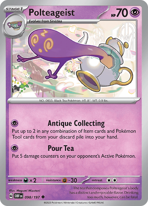 A Pokémon card for Polteageist (098/197) [Scarlet & Violet: Obsidian Flames] from the Pokémon series is shown. Polteageist, a purple ghostly teapot character, has 70 HP and the moves "Antique Collecting" and "Pour Tea." The card displays weaknesses, resistance, and retreat cost. The background boasts a magenta-to-light-purple gradient with teapot motifs.
