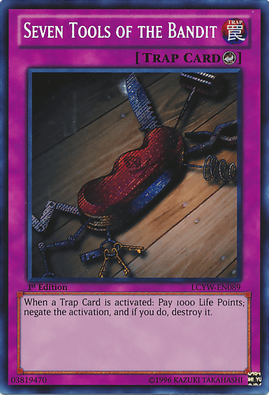 An image of the "Seven Tools of the Bandit [LCYW-EN089] Secret Rare" Yu-Gi-Oh! trap card from Yugi's World: Legendary Collection 3. The card has a purple border and features a red Swiss Army knife with various tools extended, including a corkscrew, knife, and pliers. The card's text box details its counter trap effect.