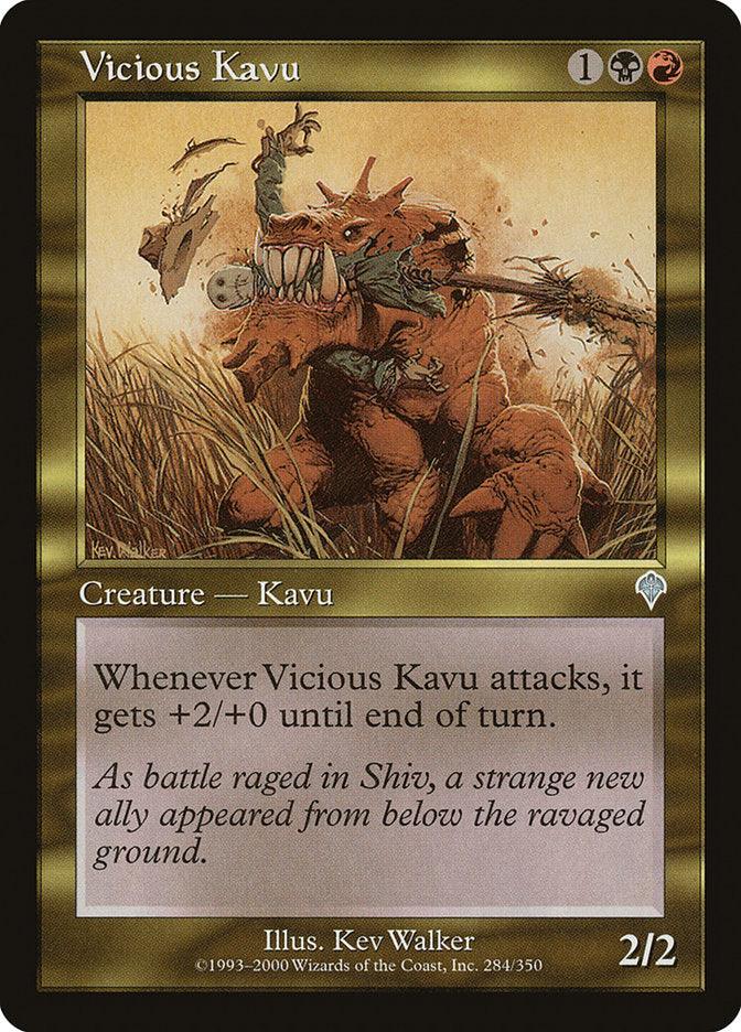 A Vicious Kavu [Invasion] card from Magic: The Gathering. The artwork depicts a fierce, muscular beast with sharp teeth and claws in a ravaged field. The card text reads: 