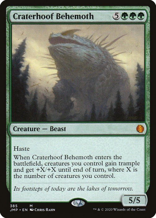 Image of a Magic: The Gathering card "Craterhoof Behemoth [Jumpstart]." This mythic creature features a green border with an illustration of a colossal beast with multiple legs and sharp tusks, surrounded by a forest. Text reads: "Haste. When Craterhoof Behemoth enters the battlefield, creatures you control gain trample and get +X/+X until end of turn, where