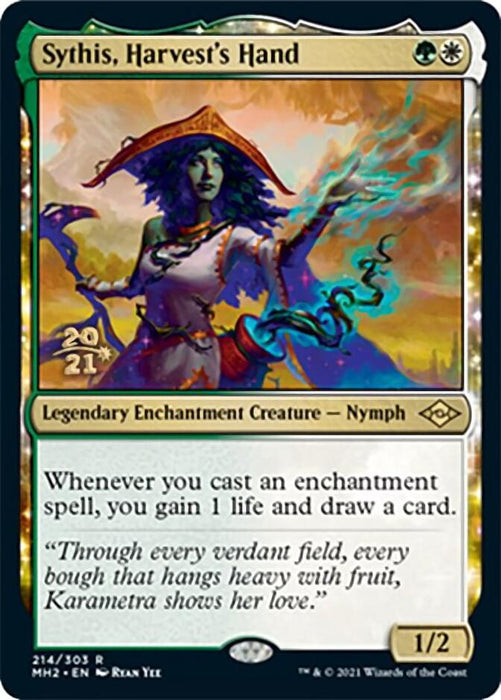 The image is of a Magic: The Gathering card titled "Sythis, Harvest's Hand [Modern Horizons 2 Prerelease Promos]" from Magic: The Gathering. It's a Legendary Enchantment Creature - Nymph with 1 power and 2 toughness. The card art depicts a mystical figure with green skin and a hat, standing in a vibrant field. It gains life and draws cards when enchantments are cast.
