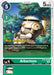 The Arbormon [BT6-049] card from the Digimon Double Diamond Pre-Release set features a cyborg, tree-like creature with metallic armor and leaf details. It stands in a forest setting, holding an acorn. The card is edged with green and white borders and includes information such as play cost and power points, emphasizing its special Double Diamond Pre-Release ability.