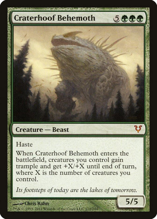 A Magic: The Gathering card called Craterhoof Behemoth [Avacyn Restored] from Magic: The Gathering depicts a massive Mythic Creature with spikes on its back standing in a forest. With a green border, it costs 5 generic mana and 3 green mana to cast. It has 5 power and toughness, with "Haste" and a powerful battlefield effect.