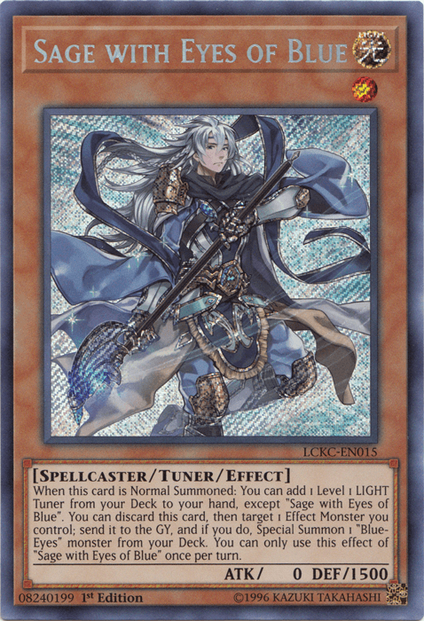 A Yu-Gi-Oh! trading card titled Sage with Eyes of Blue [LCKC-EN015] Secret Rare from the Legendary Collection Kaiba. It features a character with long white hair and dark robes, holding a staff emitting blue energy. The holographic background adds allure to this Level 1 Spellcaster/Tuner/Effect monster with ATK 0 and DEF 1500, classified as Secret Rare.