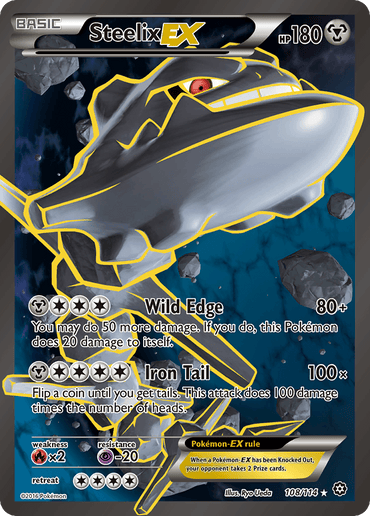 The Steelix EX Pokémon card (108/114) from the XY: Steam Siege series features Steelix in a cosmic setting with surrounding asteroids. It has 180 HP and its abilities include "Wild Edge" for 80+ damage and "Iron Tail" for 100× damage. The card, illustrated by 5ban Graphics, has weaknesses to Fire and offers resistance to Psychic.