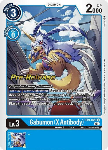 A Digimon trading card titled "Gabumon (X Antibody) [BT9-020] [X Record Pre-Release Promos]" with a blue and white design. Gabumon is portrayed with wolf-like features, fire, and claws. The card displays various stats, including Play Cost 3, DP 2000, and Level 3. As part of the pre-release promos, its text details unique abilities and effects.

