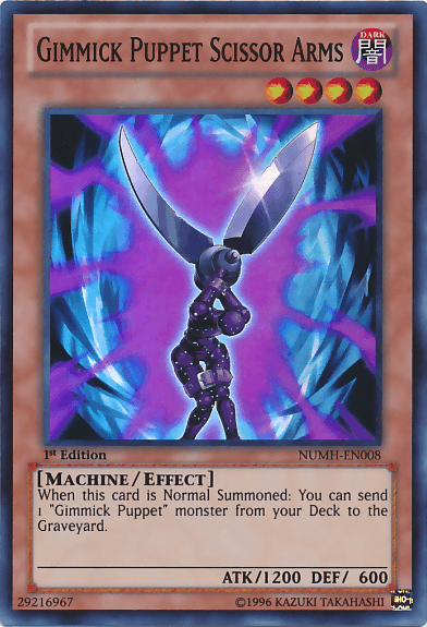 A Yu-Gi-Oh! trading card titled "Gimmick Puppet Scissor Arms [NUMH-EN008] Super Rare." This Number Hunters effect monster features a dark, mechanical puppet holding large, open scissors in front of a purple and blue energy background. The card's stats are ATK/1200 and DEF/600, and it is labeled "NUMH-EN008.