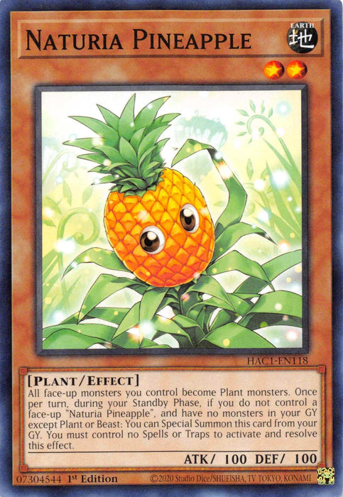 Image of a Yu-Gi-Oh! trading card titled "Naturia Pineapple (Duel Terminal) [HAC1-EN118] Parallel Rare," an Effect Monster from the Hidden Arsenal series. The card features a pineapple with green leaves and a face, standing on branches. Text describes its plant effect and limited use per turn. It has 100 ATK and 100 DEF.