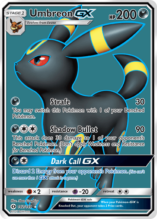 A Pokémon trading card featuring Umbreon GX (142/149) [Sun & Moon: Base Set] from Pokémon. Umbreon is a dark-colored, fox-like creature with yellow rings on its ears, tail, and legs. This Ultra Rare card shows its HP as 200 and includes attacks: Strafe, Shadow Bullet, and Dark Call GX. It evolves from Eevee and is number 142 out of 149.
