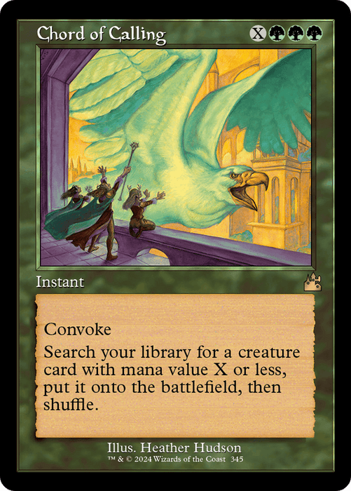 A Magic: The Gathering card titled "Chord of Calling (Retro Frame) [Ravnica Remastered]" from the Ravnica Remastered set. The green-framed card features an illustration of people summoning a giant bird with glowing wings in a cityscape. The text box reads: "Convoke. Search your library for a creature card with mana value X or less, put it onto the battlefield, then shuffle." Art by Heather Hudson